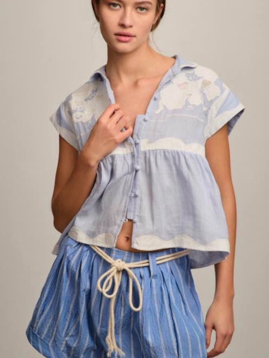 Anthropologie Tops - Anthropologie Light Blue linen Cotton Embroidered Short-Sleeve Peasant Top